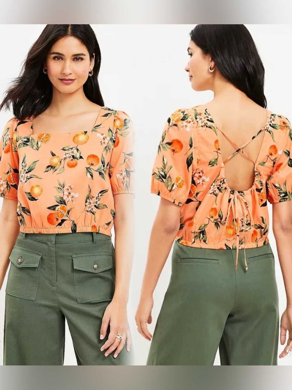 LOFT Orange Floral Square-Neck Tie-Back Top Sz XL